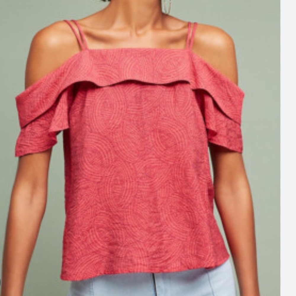 Maeve Red Geometric Print Cold Shoulder Flutter Sleeve Lace Blouse Top Women L